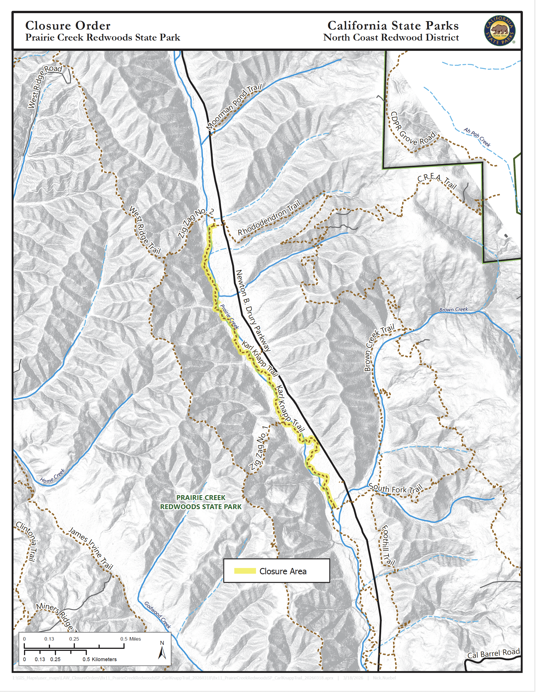 Karl Knapp Trail between the Zig Zag #2 and Brown Creek/South Fork access trailhead (on the west side of Newton B. Drury Parkway) Karl Knapp Trail between the Zig Zag #2 and Brown Creek/South Fork access trailhead (on the west side of Newton B. Drury Parkway)