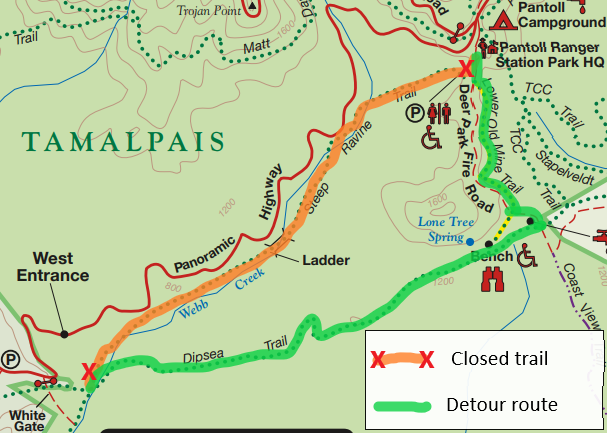 map of Steep Ravine Trail closure and detour route on Dipsea and Old Mine Trails