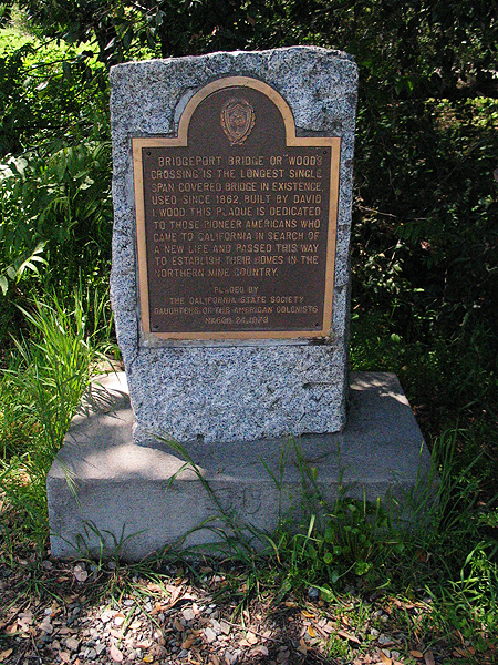 Bridgeport Bridge or Woods Crossing is the longest single span covered bridge in existence used since 1862. Built by David I Wood this Plaque is dedicated to those pioneer Americas who came to California in search of a new life and passed this way to establish their homes int he Northern Mine Country.
Placed by the California State Society Daughters of the American Colonists. March 24 1973. Thumbnail: Bridgeport Bridge or Woods Crossing is the longest single span covered bridge in existence used since 1862. Built by David I Wood this Plaque is dedicated to those pioneer Americas who came to California in search of a new life and passed this way to establish their homes int he Northern Mine Country.
Placed by the California State Society Daughters of the American Colonists. March 24 1973.