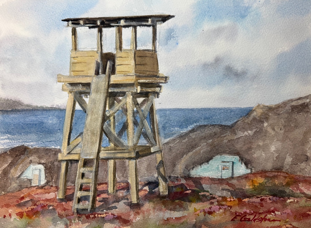 A watercolor painting depicting the Fort Ord Dunes watch tower overlooking a scene of two army bunkers in the dunes with the ocean and Monterey peninsula in the distance. A watercolor painting depicting the Fort Ord Dunes watch tower overlooking a scene of two army bunkers in the dunes with the ocean and Monterey peninsula in the distance. Painting by Elaine Goldstone.