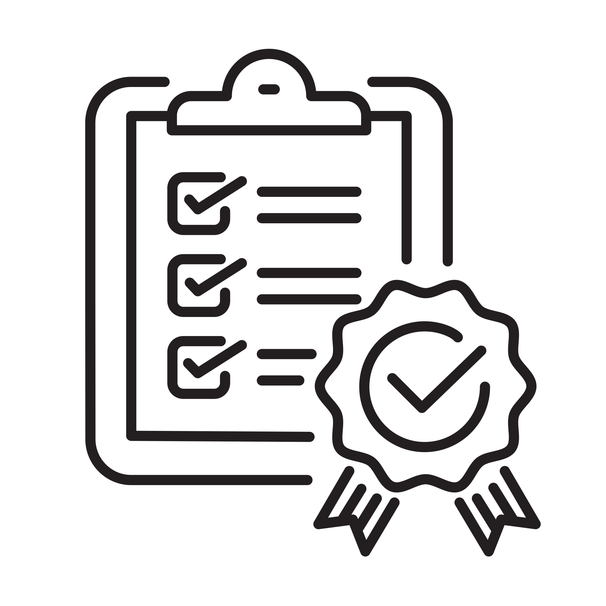 A graphic of a paper with checks and writing on a clipboard with a ribbon on the edge of it.