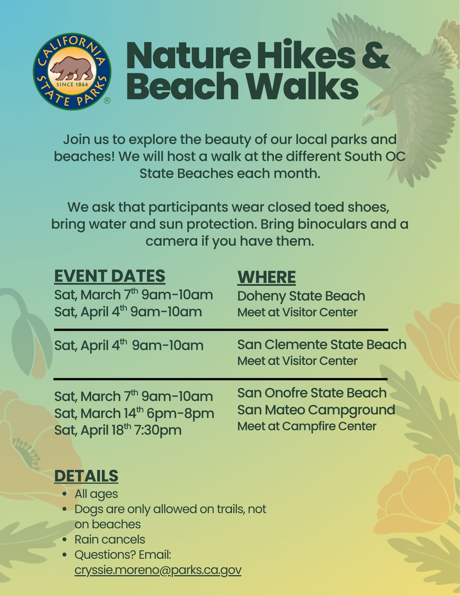 Nature Hikes and Beach Walks flyer for Spring 2026 at Doheny State Beach, San Clemente State Beach, and San Onofre State Beach