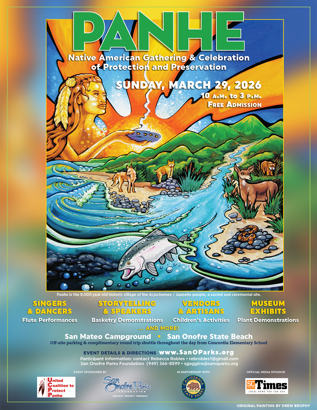 Panhe 2026 Flyer. Painting of an Indigenous woman next to a sun overlooking a thriving valley with a river cutting through it, teeming with wildlife.