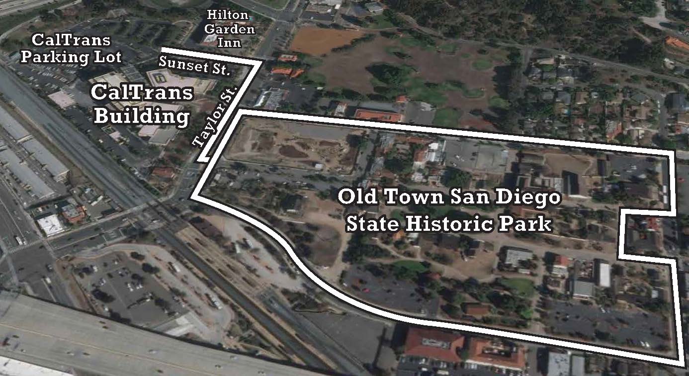 Map showing the location of the CalTrans Parking Lot in relation to Old Town San Diego State Historic Park. Also shows the relative locations of the nearby streets and buildings.