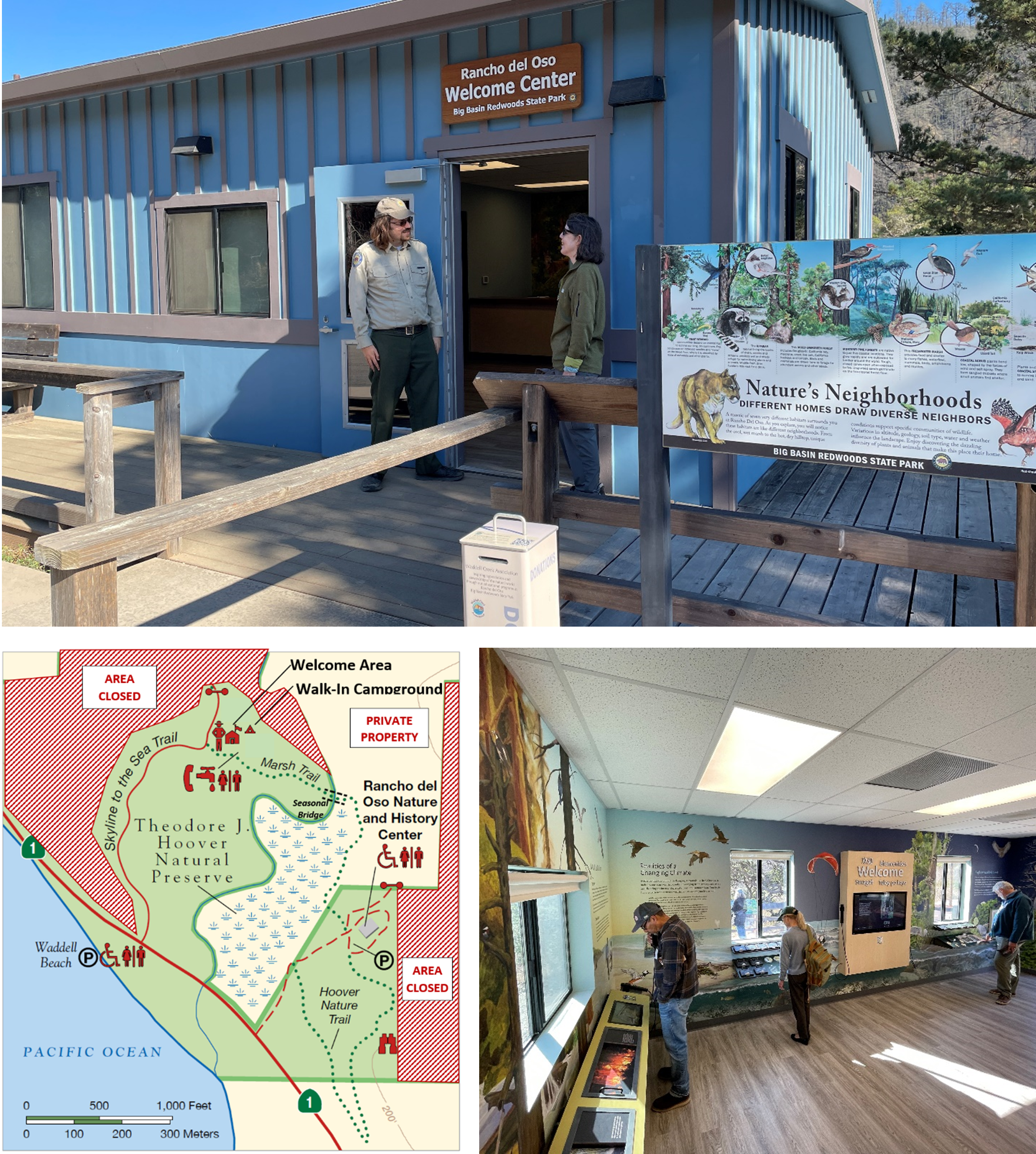 The new Rancho del Oso Welcome Center; Map of the new Rancho del Oso Welcome Center; The Center features interactive and virtual interpretive exhibits, murals of the local coastal ecology and ocean views.