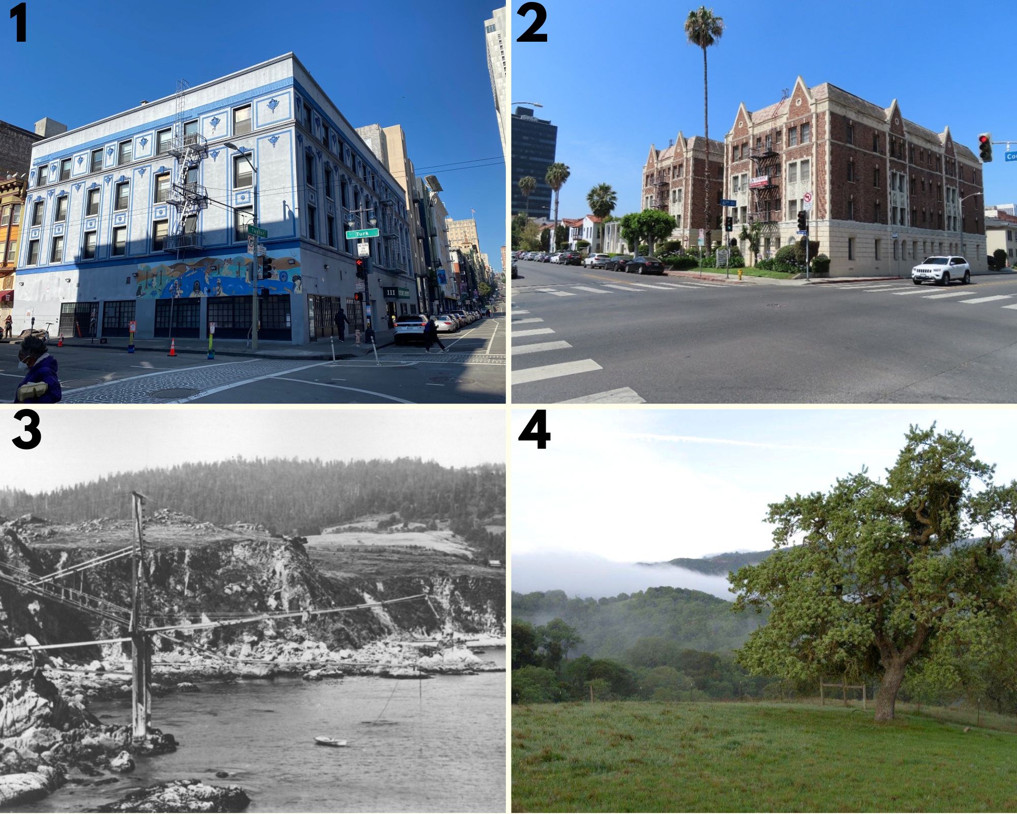 Photo 1: Compton’s Cafeteria in San Francisco. Photo courtesy from Madison Levesque. Photo 2: Miracle Mile Apartments Historic District in Los Angeles. Photo courtesy from Rosa Fry, Architectural Resources Group. Photo 3: Fort Ross Landing Historical and Archaeological District. Photo courtesy from Fort Ross Conservancy. Photo 4: Hollister Hills Ranch. Photo courtesy from Mike Lynch.