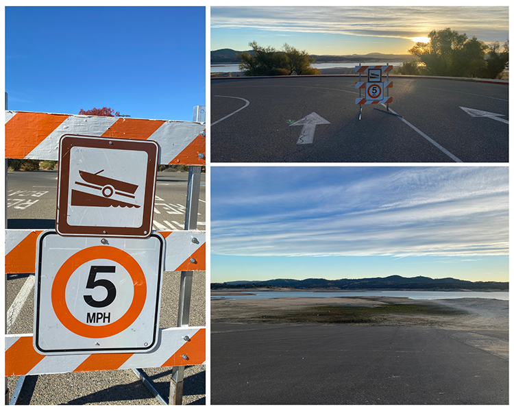5-mph maximum speed limit sign and low water levels at Folsom State Recreation Area. Photos from California State Parks.