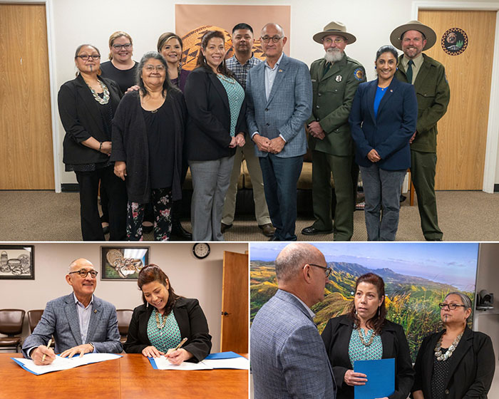 Top left: Resighini Tribe of Yurok People Leadership and State Parks Leadership at the MOU signing in Klamath on Feb. 14, 2024. Bottom left: State Parks Director Armando Quintero and Resighini Tribal Chairperson Fawn C. Murphy sign the MOU. Bottom right: State Parks Director Armando Quintero, Resighini Tribal Chairperson Fawn C. Murphy, and Resighini Council Treasurer Kendra Jones. Photos from California State Parks.