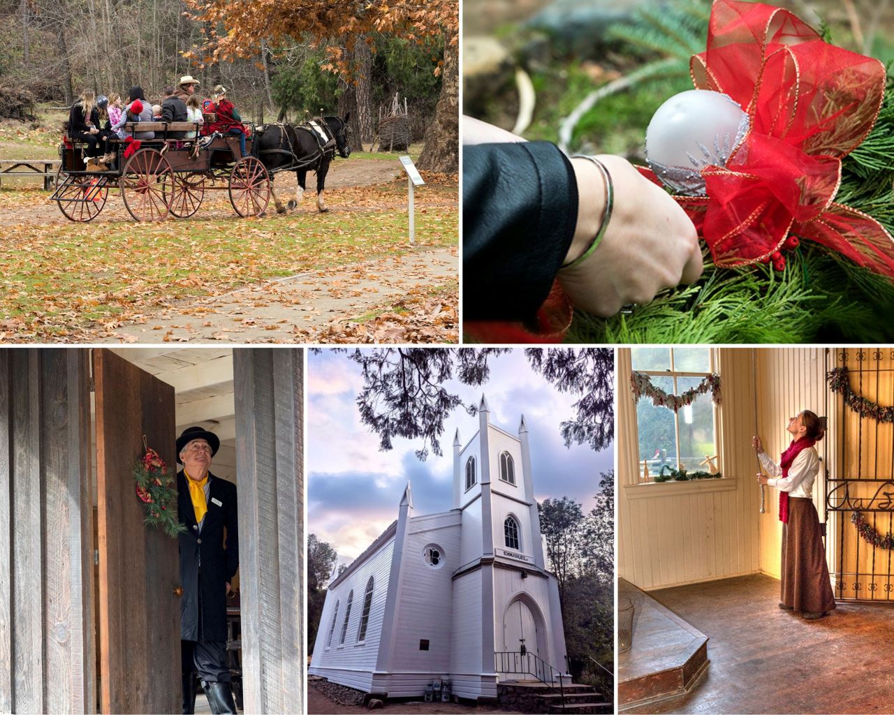 Clockwise from top left: Enjoy carriage rides for a $3 fee per person. Visitors will be able to make their own wreaths with fresh-cut greens, ribbons, and bows. Visit the Old Coloma Schoolhouse. The recently renovated Emmanuel Church. Historic buildings in the park are hosted by costumed docents. Photos from California State Parks.