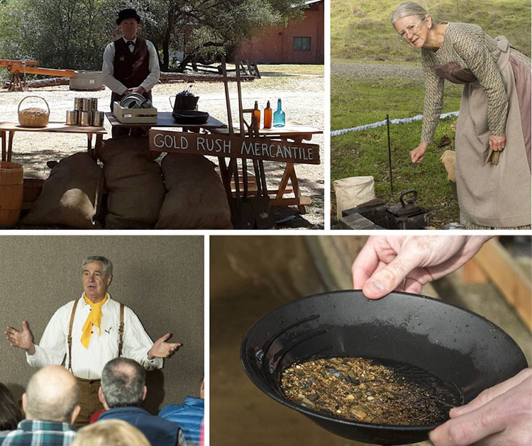 Images from Gold Discovery Day in January 2024. Top Left: Park Docent Scott Lycan runs the Gold Rush Mercantile where visitors can stock up on supplies. Top right: Park Interpretive Specialist Susan Okey starches shirts from the laundress. Bottom left: Park Historian Ed Allen leads a gold discovery lecture. Bottom right: Visitors stop by the gold panning station to try their luck at finding gold. Photos from California State Parks.
