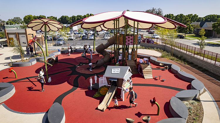 Primrose Park in Temple City, created with the help of Statewide Park Development Community Revitalization Program (SPP) funding, opened in February 2025. The new 1-acre park features a playground, group picnic area, open lawn, walking track, outdoor exercise equipment, public art and mural areas, flower sculpture water feature, landscaping, and parking. Photo from California State Parks.