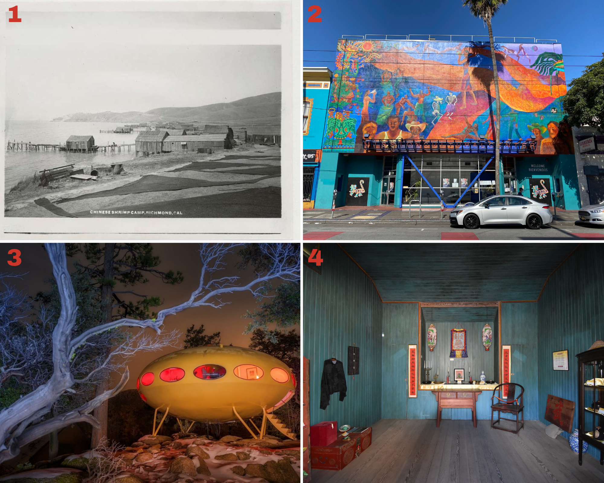 Photo 1: China Shrimp Camp in Contra Costa County. Photo 2: Mission Cultural Center in San Francisco County. Photo 3: Donaldson Futuro in Riverside County. Photo 4: Interior of the Cambria Chinese Temple in San Luis Obispo County.