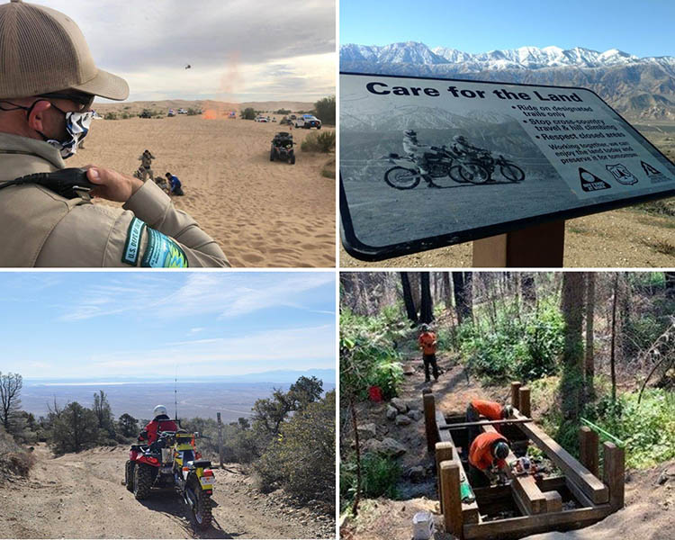 The photo collage includes previous grant awardee projects. Top left: Safety project for the Bureau of Land Management within the El Centro Field Office. Top right: Education project for the U.S Forest Service (USFS) San Bernardino National Forest. Bottom left: Safety project to Desert Search and Rescue. Bottom right: Ground Operations project to the USFS Sierra National Forest. Photos from California State Parks.