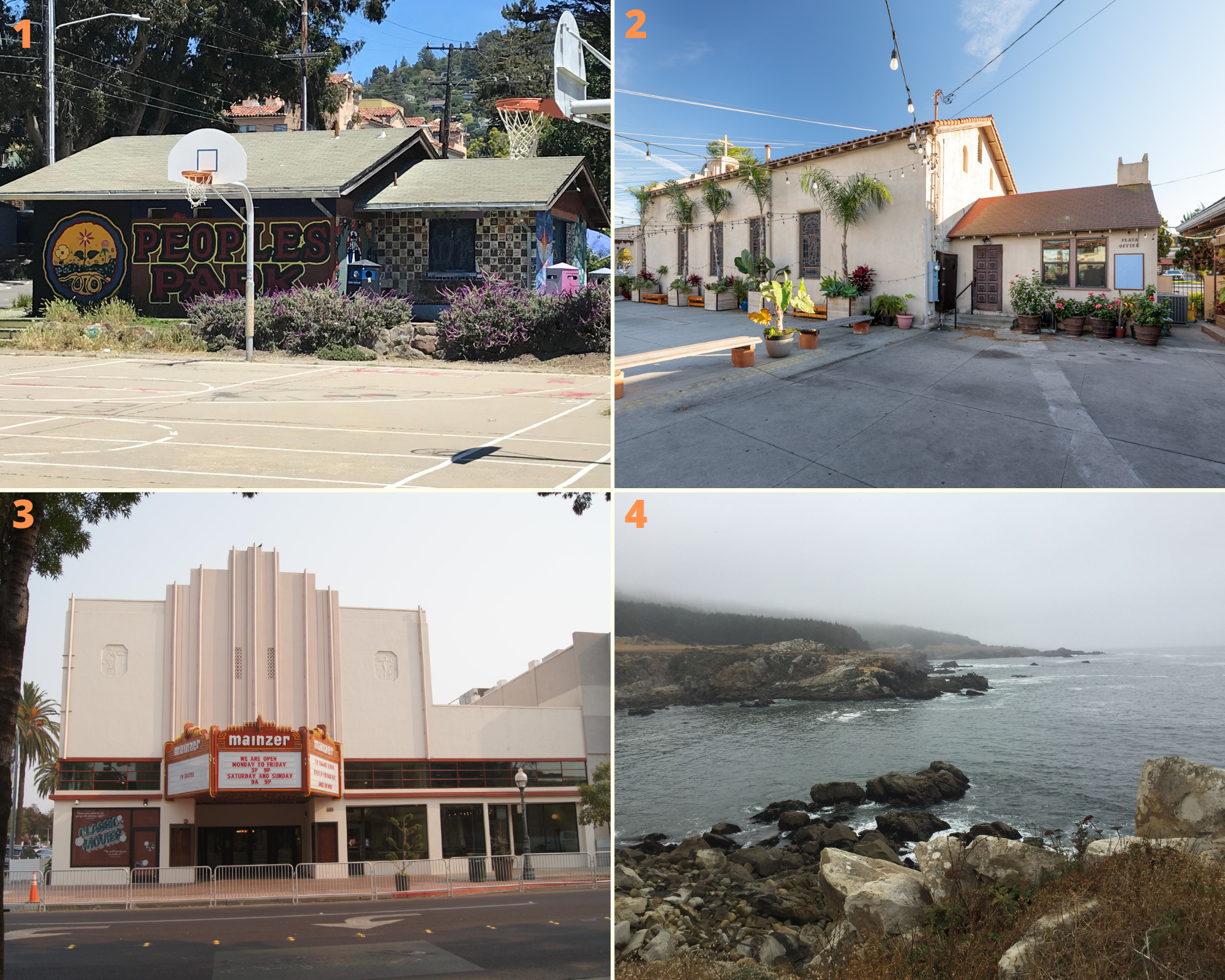 Caption: Photo 1: People’s Park in Berkeley. Photo 2: St. Isidore Catholic Church in Los Alamitos. Photo 3: Strand Theater in Merced. Photo 4: Salt Point Landing Historical and Archaeological District (Doghole Ports) in Jenner.