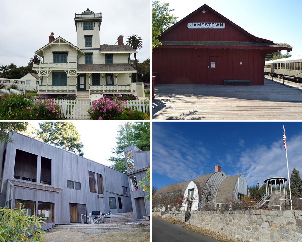 Top left: The Point Fermin Light Station Historical District in Los Angeles County. Top right: The Sierra Railway Shops in Tuolumne County. Bottom left: The Hines House in Sonoma County. Bottom right: Truckee Veterans Memorial Buildings in Nevada County.