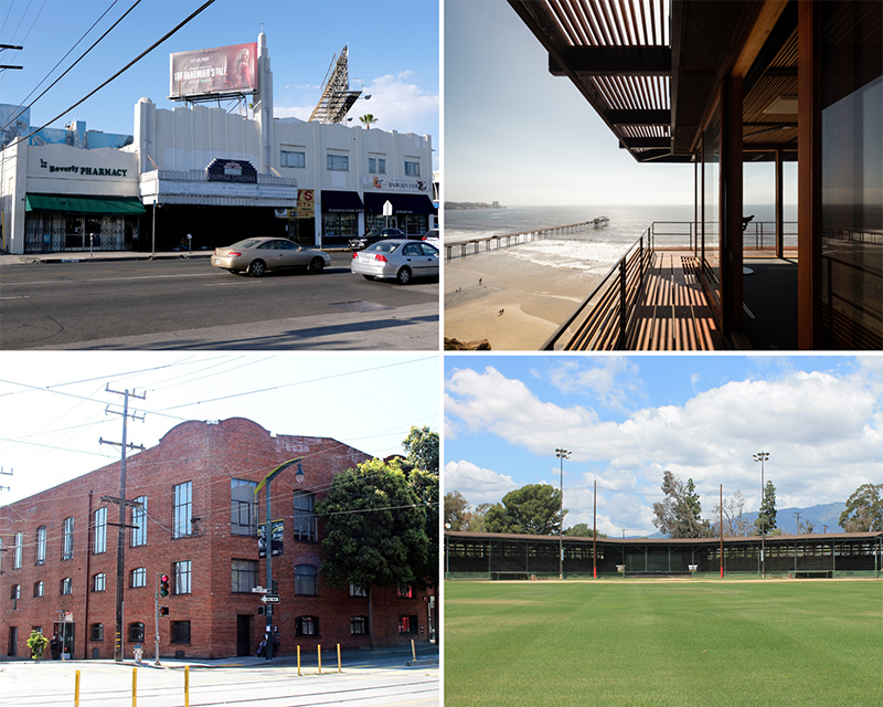 Top: The Fairfax Theatre in Los Angeles (left), the Institute of Geophysics and Planetary Physics Munk Laboratory in La Jolla. Bottom: The Alberta Candy Factory in San Francisco (left), the Ontario Baseball Park in Ontario.