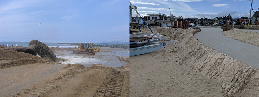 Left: Beach restoration activities in Orange County. Right: Completed erosion control structure in Santa Cruz County. Photos from Division of Boating and Waterways.