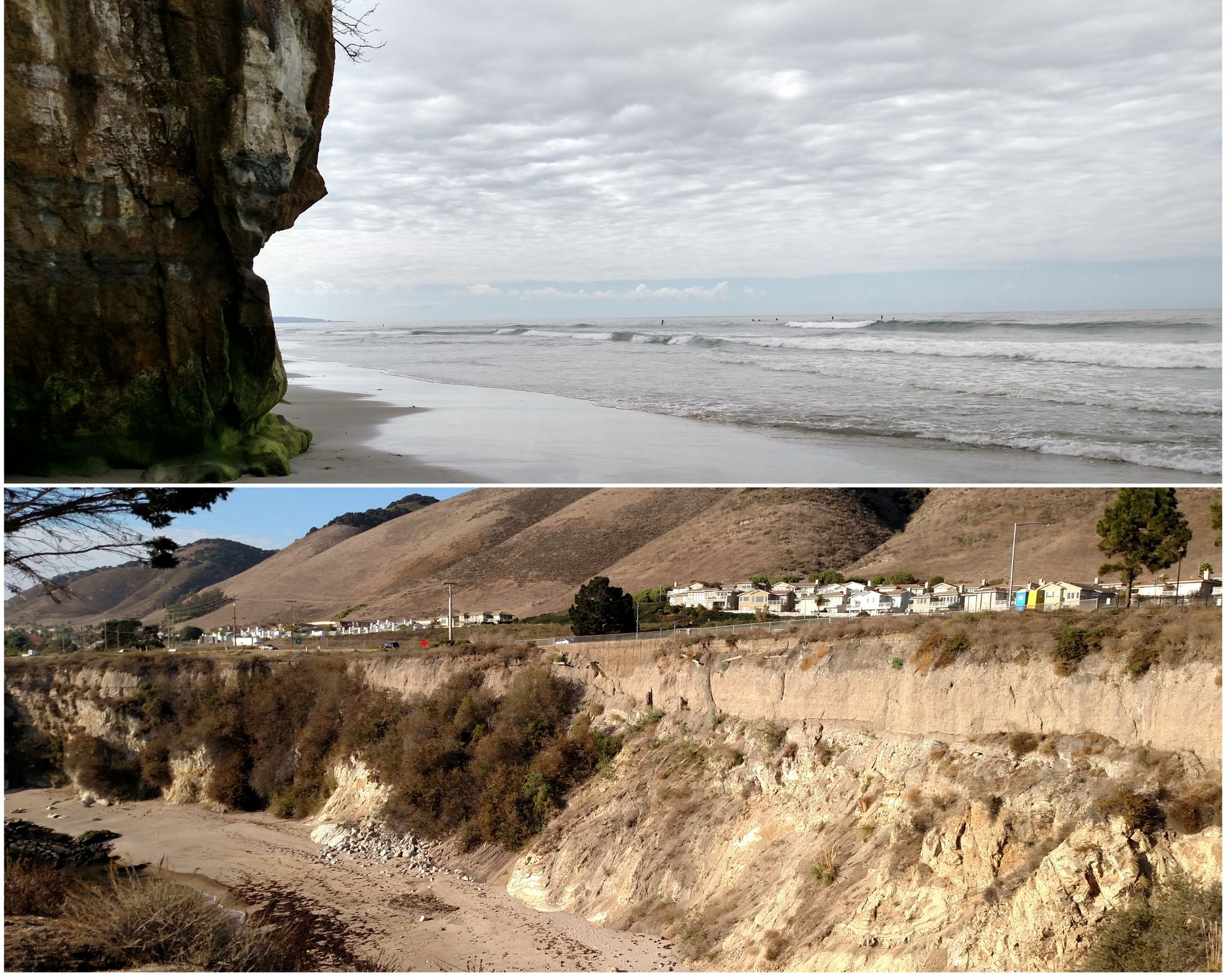 Top: Eroding cliff toe in the City of Encinitas, the site of a project led by the Army Corps of Engineers and currently in the design phase. Bottom: Completed erosion control structure in City of Pismo Beach. Photos from Division of Boating and Waterways.