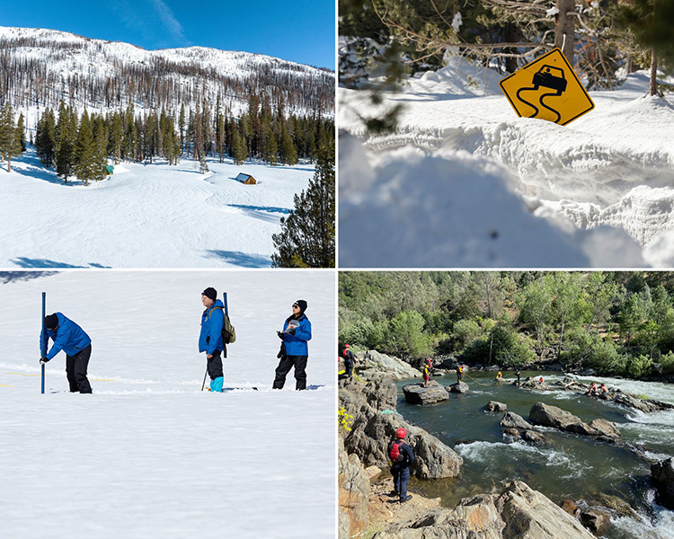 Top left: Aerial drone view of the deep snow that’s blanketed the meadow near Phillip Stations in the Sierra Nevada Mountains. Top right: The “slippery when wet” sign along Hwy 50 in El Dorado County was nearly blocked by the recent snowfall. Bottom left: DWR officials conduct the third media snow survey of the 2023 season at Phillips Station on March 3, 2023. Photos from DWR. Bottom right: State Parks and CAL FIRE swift water teams rescue two stranded swimmers and a dog at Auburn State Recreation Area in June 2021. Photo from California State Parks.