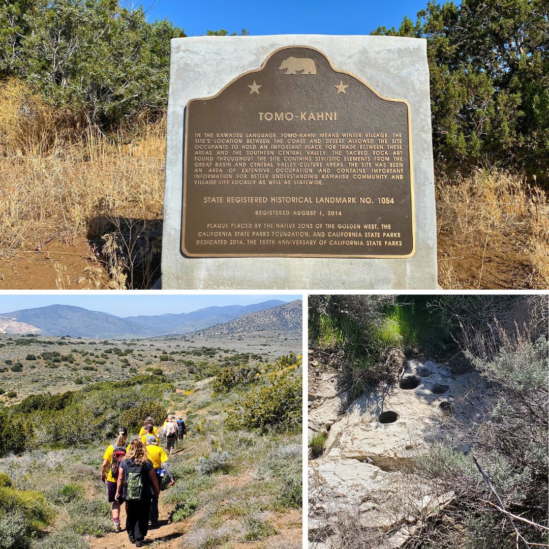 Top: The Tomo-Kahni monument marker. Bottom left: A group on a guided tour heads out on a trail leading to a sacred Kawaiisu petroglyph (rock carving) site. Bottom right: The holes in the ground are of rock mortars, used by generations of Kawaiisu women to grind gathered acorns with rock pestles and then leach tannins out with water. Photos from California State Parks.