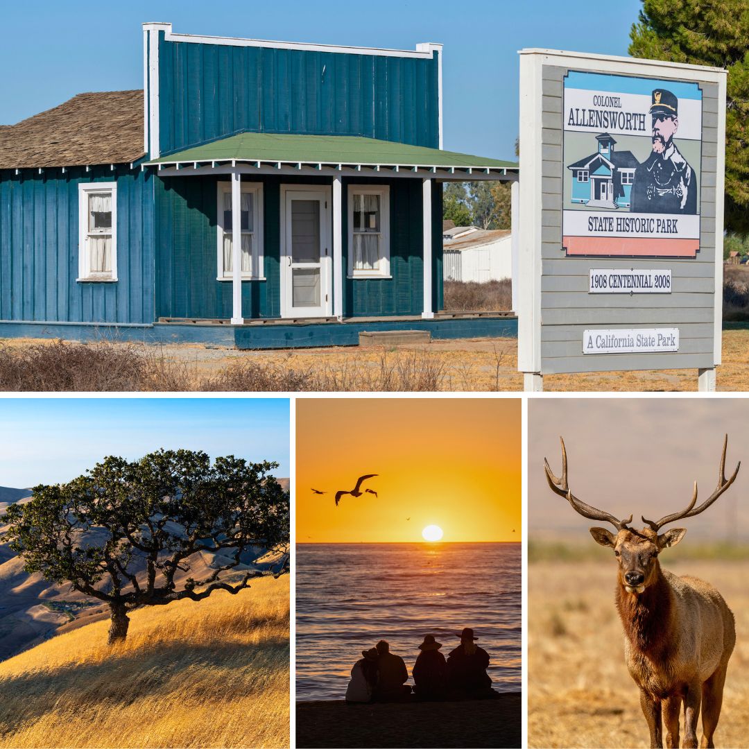 Clockwise from top - Colonel Allensworth SHP, Tule Elk SNR, Half Moon Bay SB, and Carnegie SVRA. Clockwise from top - Colonel Allensworth SHP, Tule Elk SNR, Half Moon Bay SB, and Carnegie SVRA.