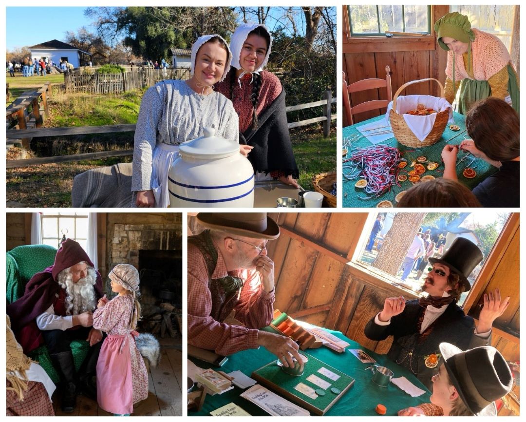 Visitors at last year’s event enjoying refreshments, holiday-themed crafts, a vist with Santa Claus, and living history demonstrations. Photos from California State Parks
