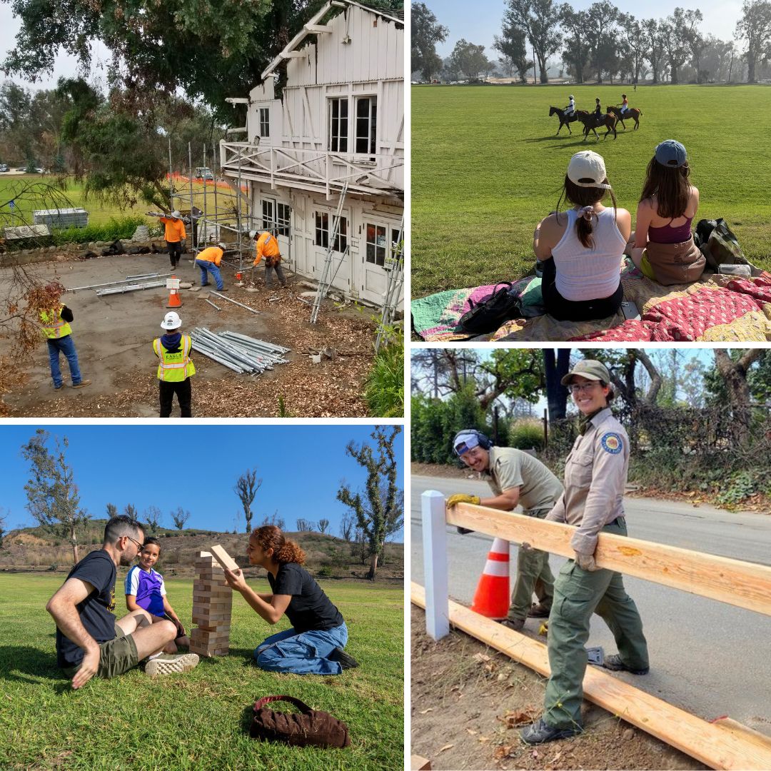 (Clockwise from top left) Crews working to repair the Will Rogers State Historic Park's visitor center and ranger office damaged by the Palisades Fire. Visitors and horseback riders enjoy the park after it reopened in November 2025. State Parks staff replace custom fencing built piece by piece to preserve the park&rsquo;s historic aesthetic. A family enjoys time on the park's lawn. Photos from California State Parks.