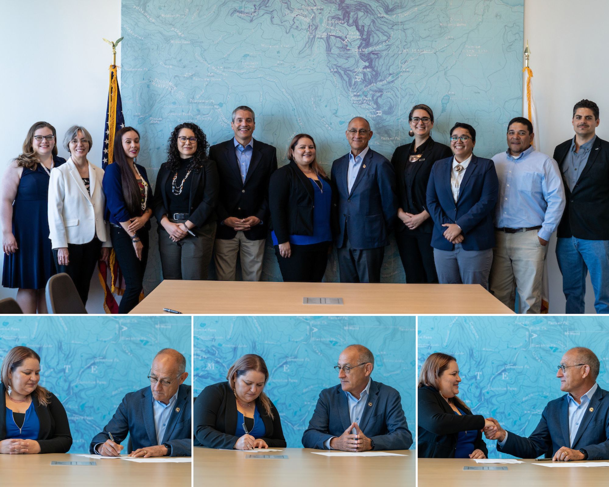 Top: Representatives of the Yurok Tribe, State Parks staff and Natural Resources Agency Secretary Wade Crowfoot (center in dark suit) at the MOU signing in Sacramento on Sept. 28, 2022. Bottom photos: Tribal Historic Preservation Officer Rosie Clayburn with the Yurok Tribe and State Parks Director Armando Quintero sign the MOU. Photos from California State Parks.