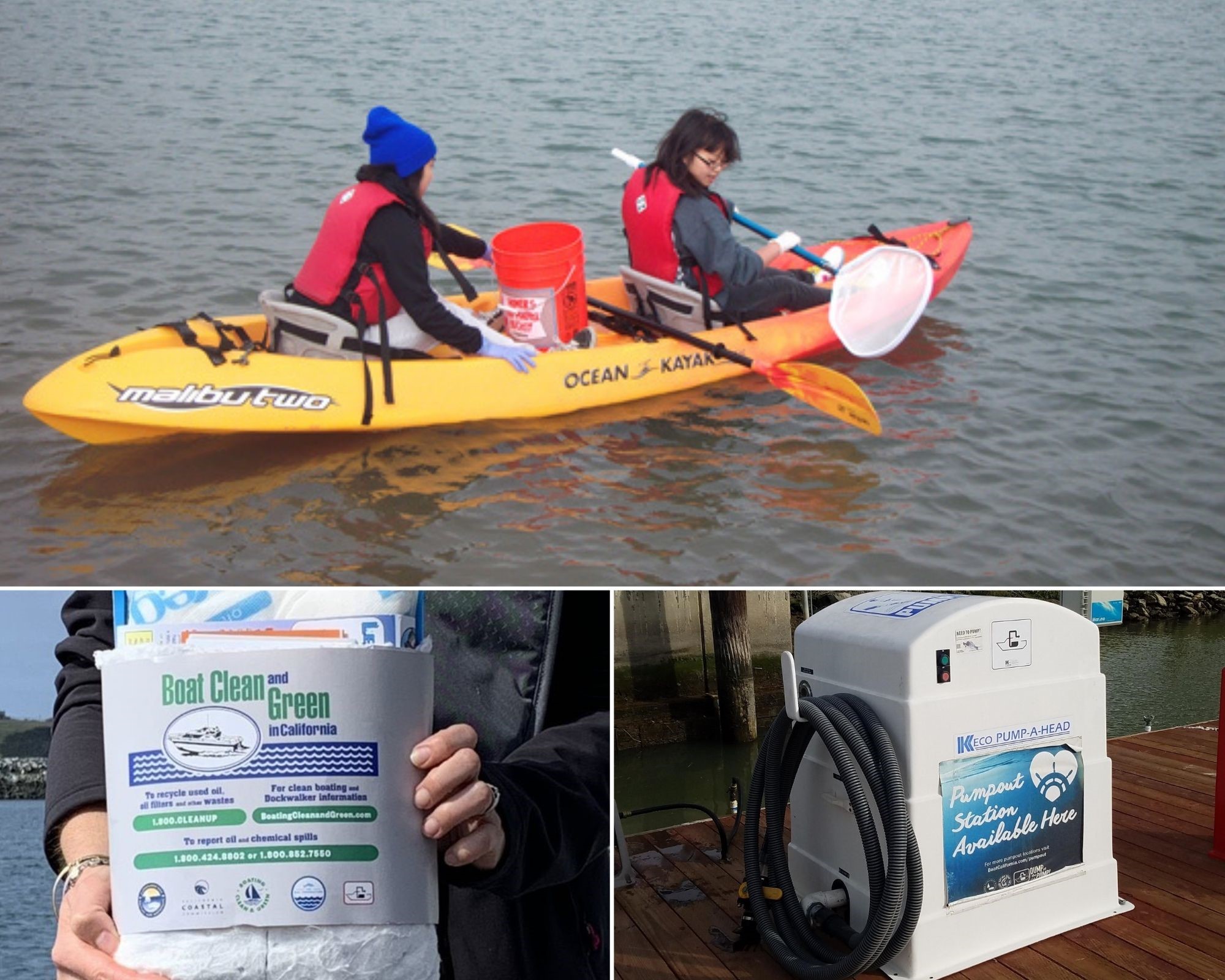 Top: Volunteers clean up along Pier 39 in San Francisco. Bottom left: Free California Boater Kit. Bottom right: Sewage pumpout station in at Vallejo Municipal Marina. Photos from Boating Clean and Green Program and San Francisco Estuary Partnership.