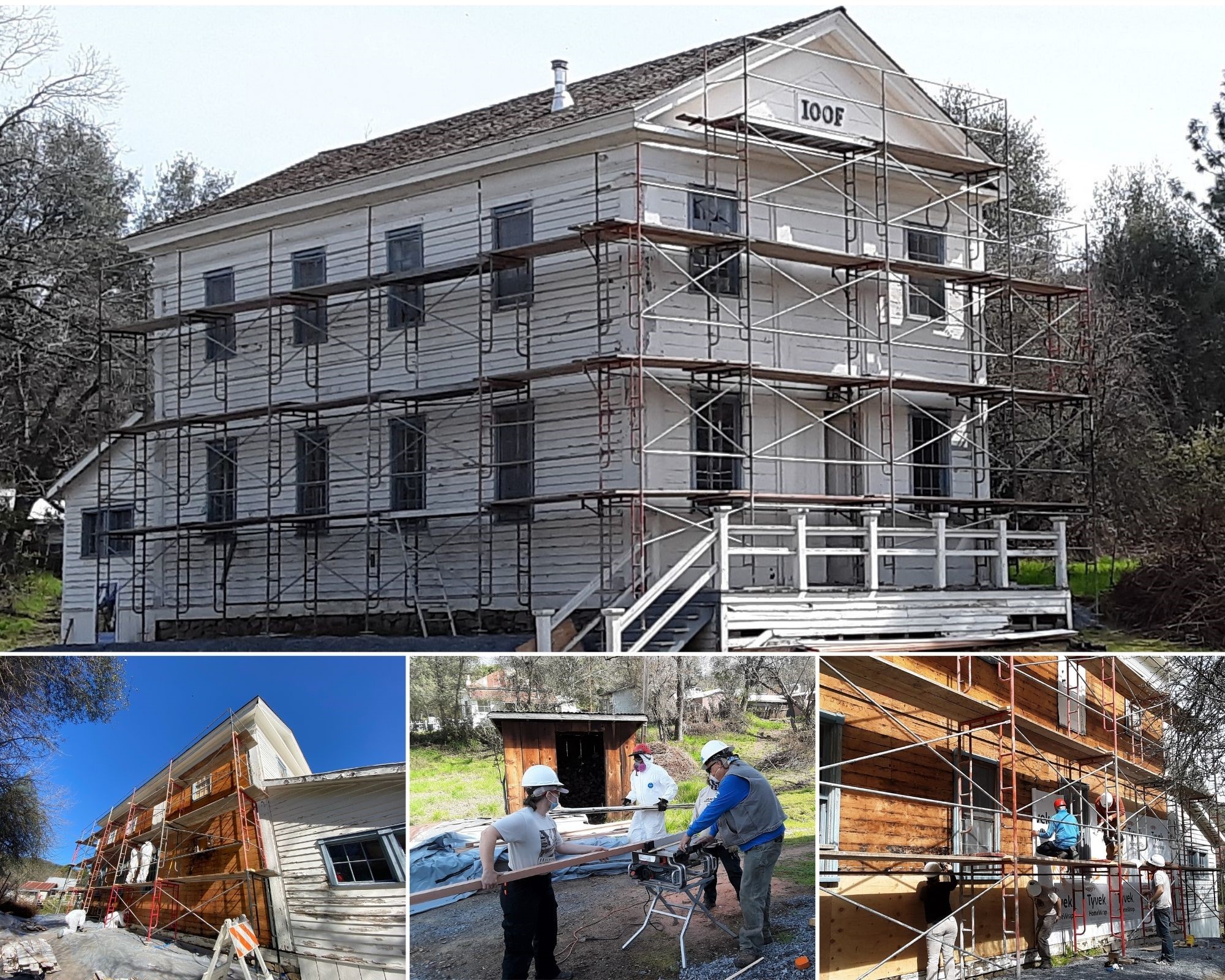 Restoration work on the Independent Order of Odd Fellows (IOOF) Hall at Marshall Gold Discovery State Historic Park. Photos from California State Parks.