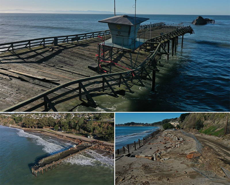 The historic winter storms damaged over half of the pier at Seacliff State Beach. Photos from California State Parks.