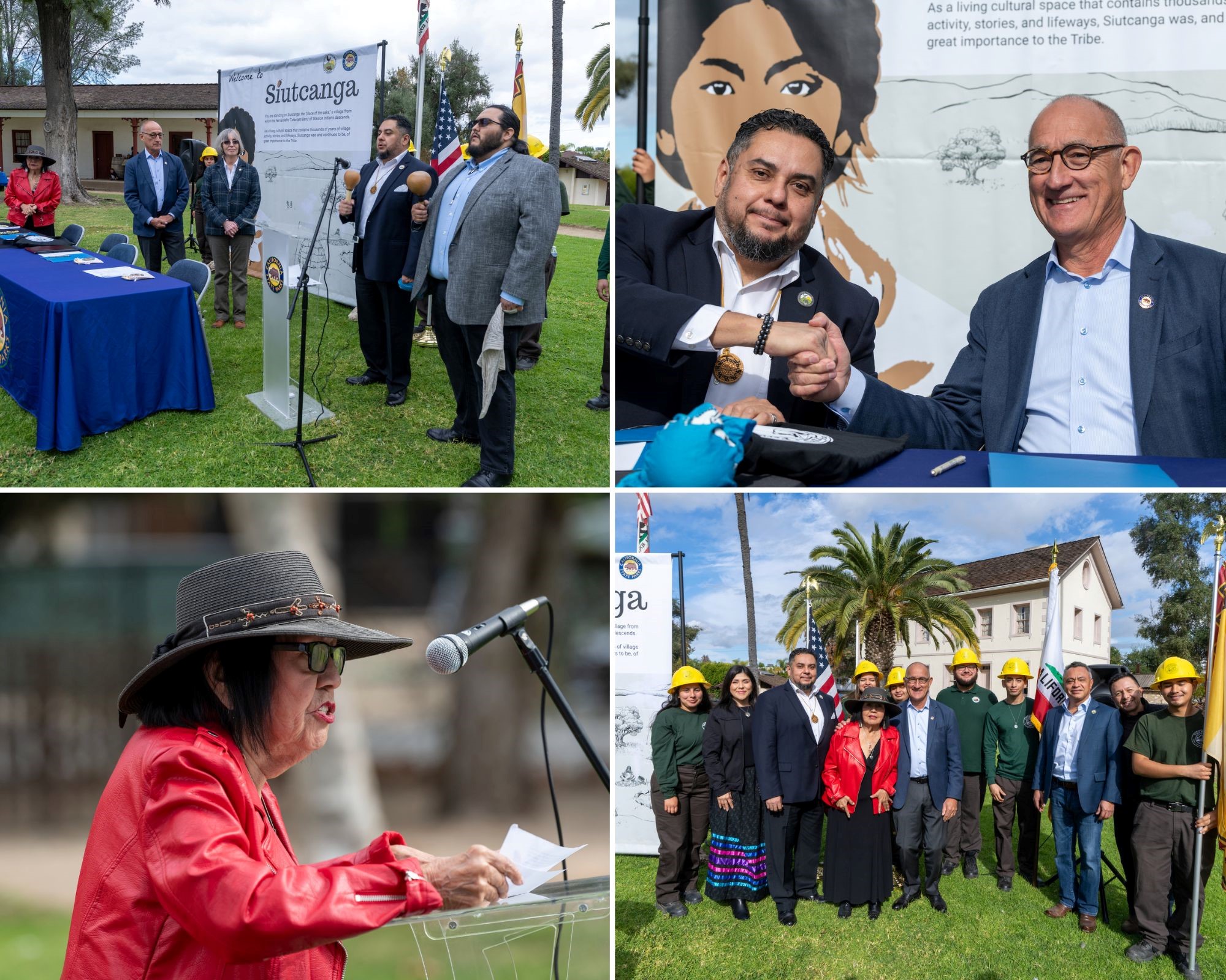 Top left: FTBMI President Rudy Ortega Jr. and Vice President Mark Villaseñor open the MOU signing event with a Welcome Song. Top right: FTBMI President Rudy Ortega Jr. and State Parks Director Armando Quintero shake hands after the signing. Bottom left: Beverly Folkes, vice chair, council of elders, FTBMI, speaks at the ceremony. Bottom right: Rudy Ortega Jr., Armando Quintero, Beverly Folks, and other tribal representatives, along with the Tiüvac’a’ai Tribal Conservation Corps Members in attendance. 
