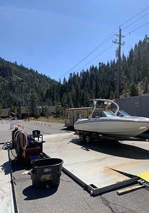 Decontamination station on Alpine Meadows Road near Tahoe City, CA. Photo from Tahoe Regional Planning Agency.