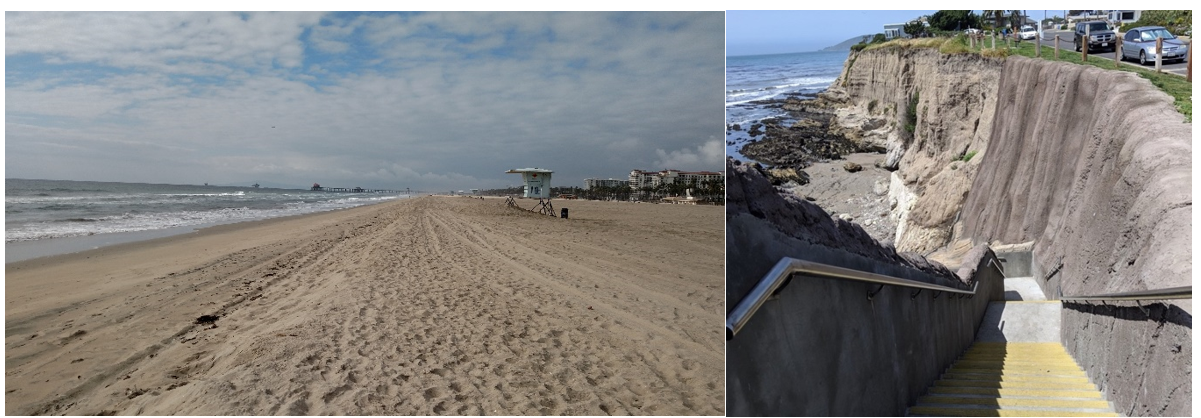 Left: Restored beach in City of Huntington Beach. Right: Completed erosion control structure in City of Pismo Beach.